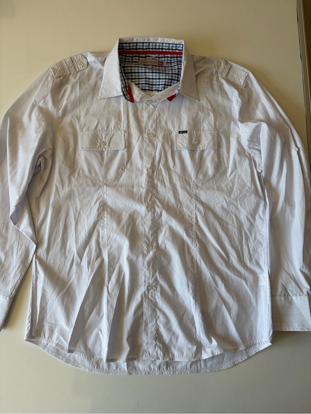 Sovereign Code white long sleeve casual button up mens 2XL blue plaid detail